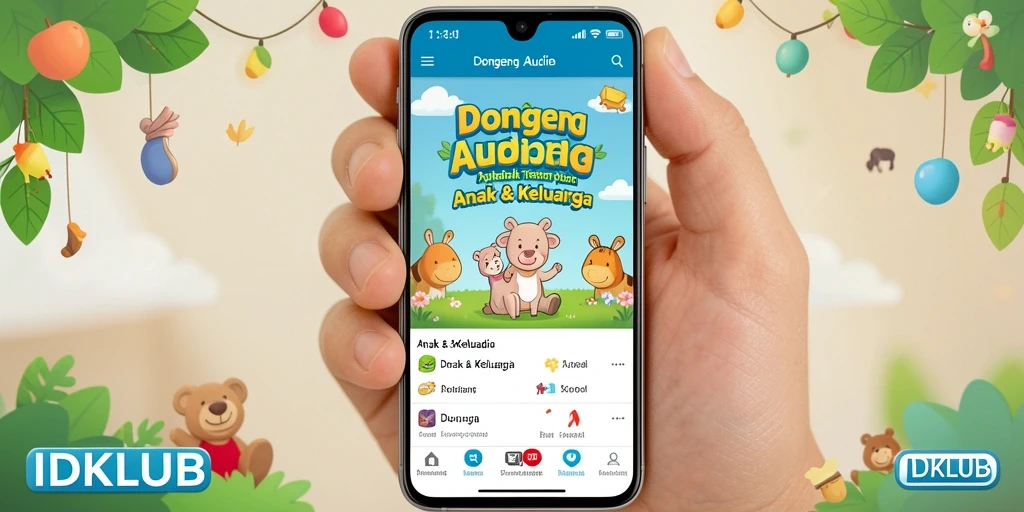 Tampilan antarmuka aplikasi IDKLUB yang ramah anak dengan pilihan cerita.